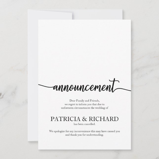 Anuncio de Boda Cancelada Caligrafía Elegante (Anverso)