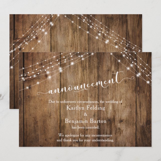 Anuncio de Boda Cancelada Rustic Wood & Lights (Anverso / Reverso)