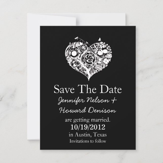 Anuncio de boda Chic Corazón Negro y Blanco (Anverso)