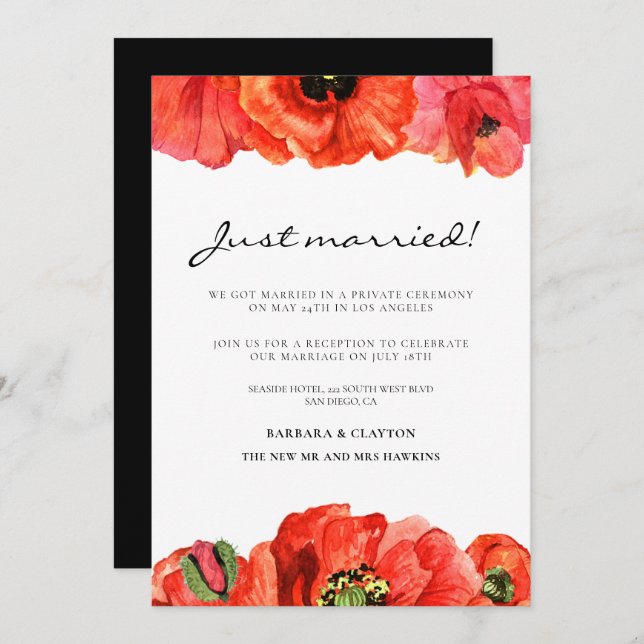 Anuncio de boda con amapolas rojas en acuarela (Anverso / Reverso)