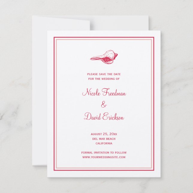 Anuncio de boda con conchas de mar rojas, guarde l (Anverso)