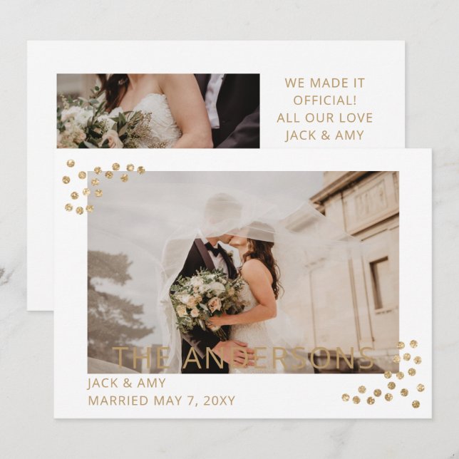 Anuncio de Boda con Foto de Confeti de Oro Simple (Anverso / Reverso)