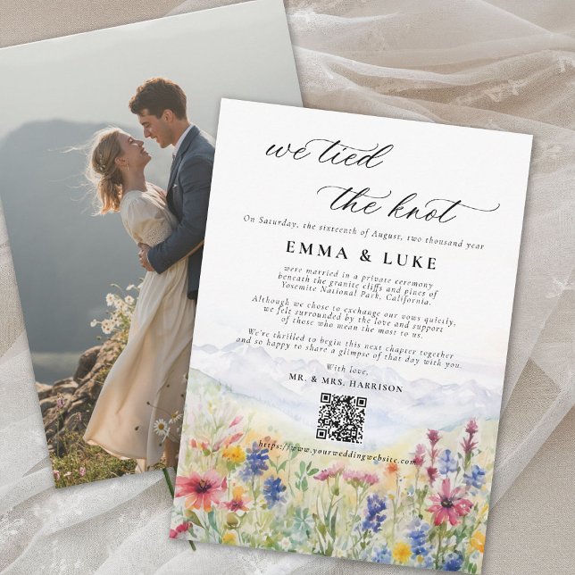 Anuncio de Boda con Foto de Huida a la Montaña Sal (elopement wedding announcement card qr code mountain wildflowers meadow watercolor photo qr)