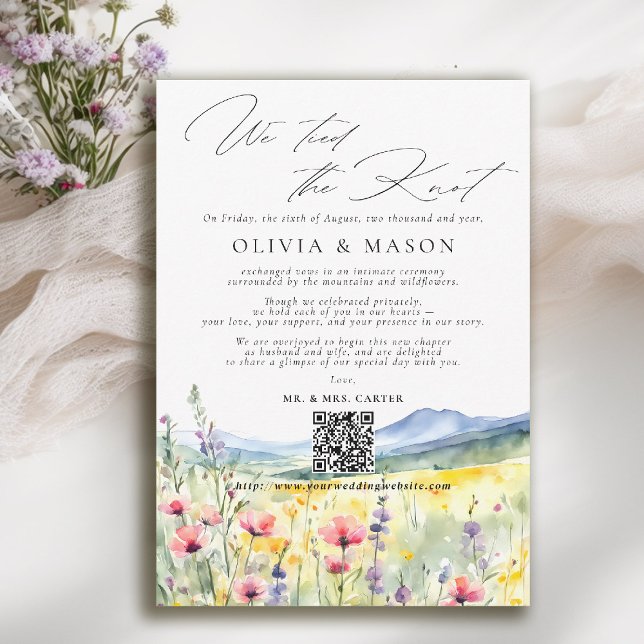 Anuncio de Boda con Huida a Flor Silvestre de Mont (mountain wedding announcement elopement wildflowers meadow floral watercolor modern calligraphy )