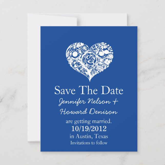 Anuncio de Boda Corazón Azul y Blanco Chic (Anverso)