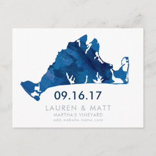Anuncio de boda de acuarela azul Martha's Vineyard