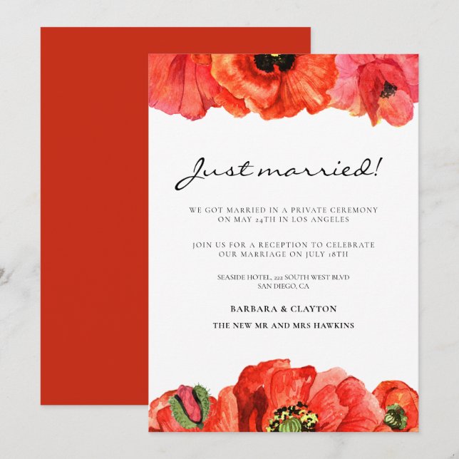 Anuncio de boda de amapolas rojas acuarela (Anverso / Reverso)