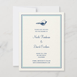 Anuncio de boda de concha marina azul para guardar
