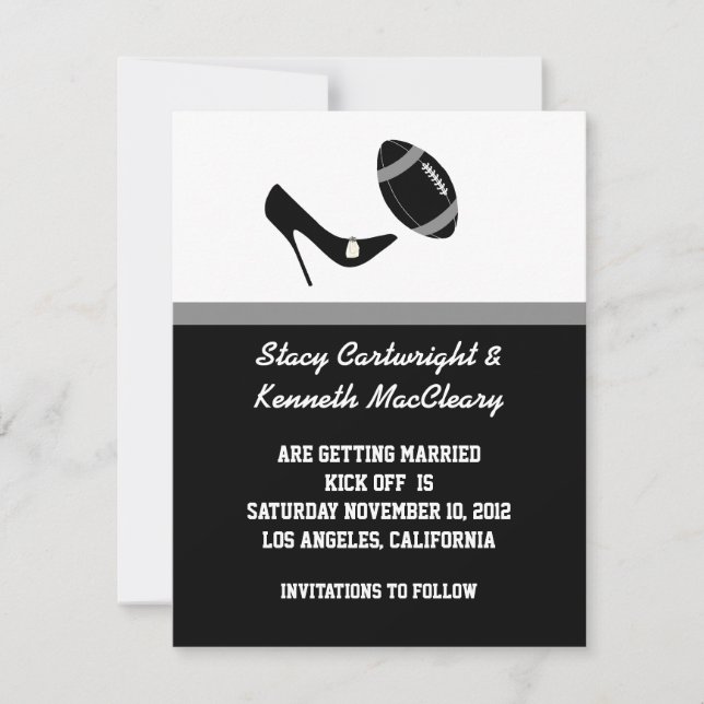 Anuncio de Boda de Fútbol Americano Negro Save The (Anverso)