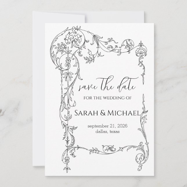 Anuncio de Boda de Guardar Fecha con Marco Floral (Anverso)
