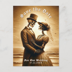 Anuncio de boda de pareja de esqueletos sepia góti