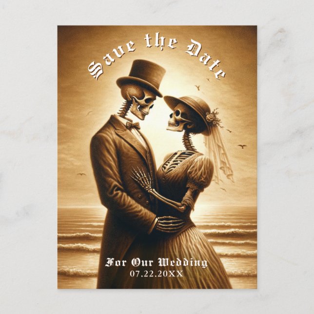 Anuncio de boda de pareja de esqueletos sepia góti (Anverso)