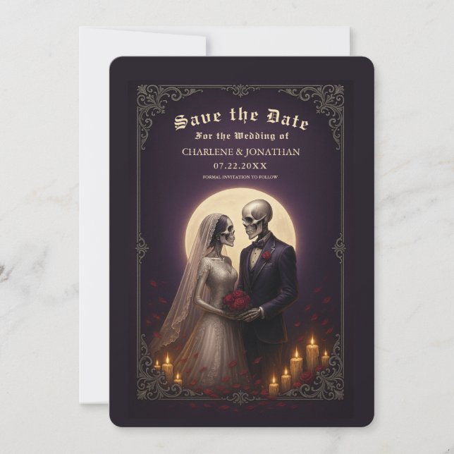 Anuncio de Boda de Pareja Esquelética Gótica (Anverso)