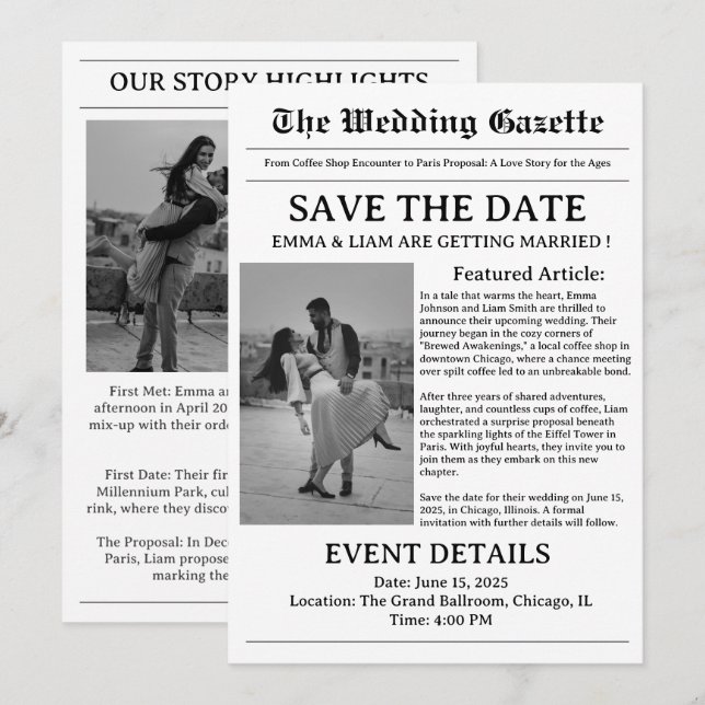 Anuncio de Boda en Periódico Save The Date (Anverso / Reverso)