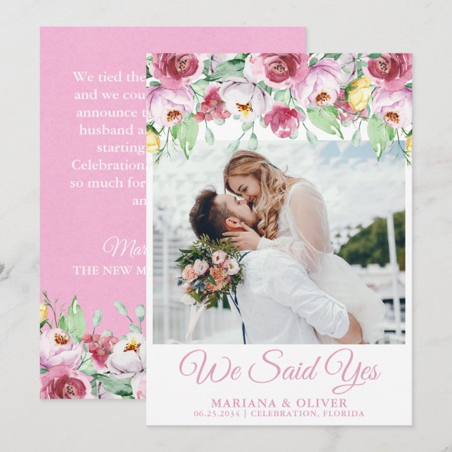 Anuncio de Boda Floral Acuarela Rosa (Anverso / Reverso)