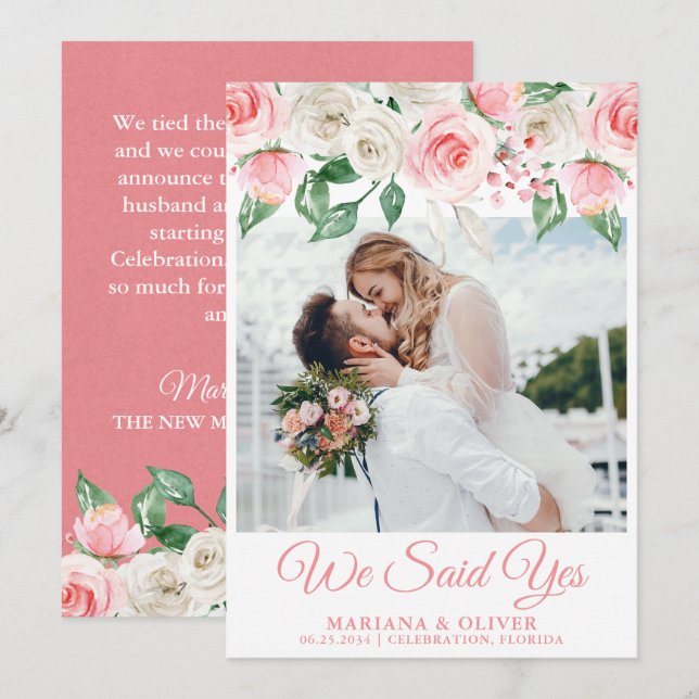 Anuncio de Boda Floral Rosa Melocotón Blanco (Anverso / Reverso)