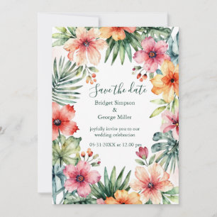 Anuncio de boda floral tropical rosa coral Hawaii