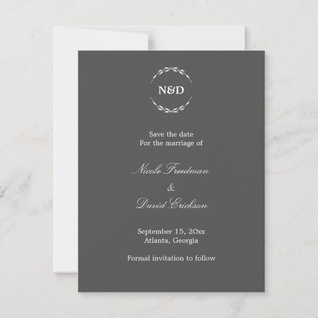 Anuncio de boda gris con monograma de corona senci (Anverso)