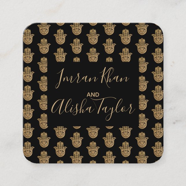 Anuncio de boda india con hamsa en oro y henna (Anverso)