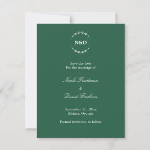 Anuncio de boda monograma de corona simple verde