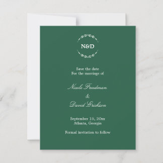 Anuncio de boda monograma de corona simple verde
