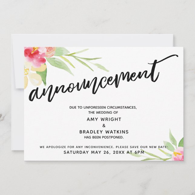 Anuncio de boda pospuesta con flores escritas a ma (Anverso)