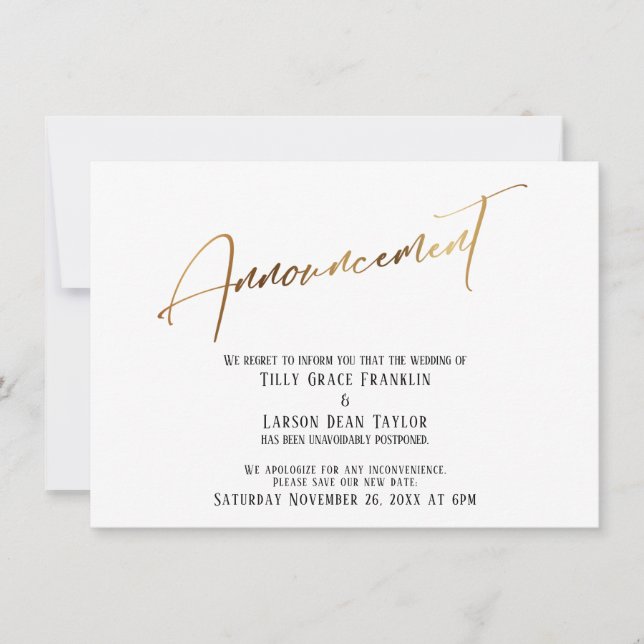 Anuncio de boda pospuesta con letra dorada (Anverso)