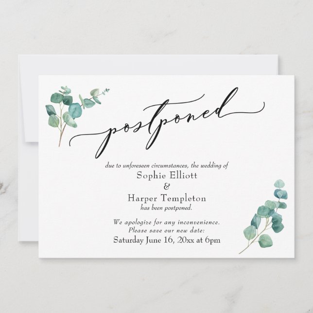 Anuncio de Boda Pospuesta de Elegante Eucalipto (Anverso)