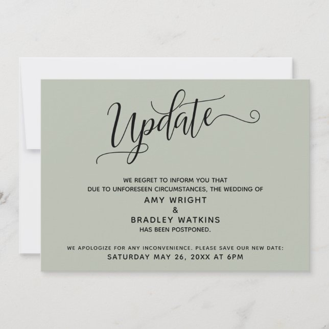 Anuncio de Boda Pospuesta Elegante Verde Sabio (Anverso)
