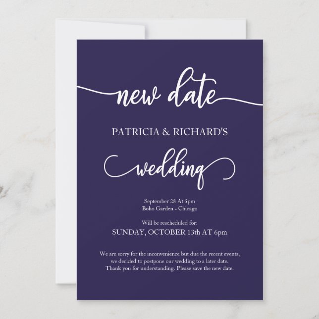 Anuncio de boda pospuesta nueva fecha azul marino (Anverso)