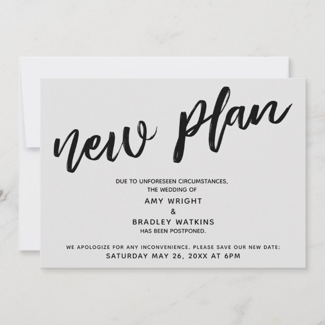 Anuncio de Boda Pospuesta "Nuevo Plan" Gray (Anverso)