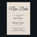 Anuncio de boda pospuesta para nueva fecha<br><div class="desc">Aquí tienes una sencilla tarjeta para notificar a tus invitados si ha sido necesario cambiar la fecha de tu boda. Utiliza los campos del modelo para añadir tus datos personales y hacer tuyo este elegante diseño minimalista. El fondo blanco se puede cambiar a cualquier color que prefieras. Todas las fuentes...</div>