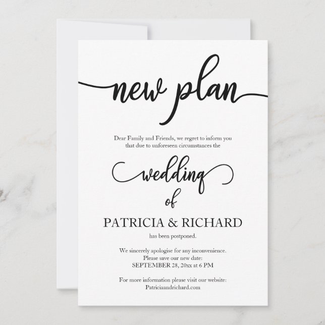 Anuncio de boda pospuesta por nuevo plan (Anverso)