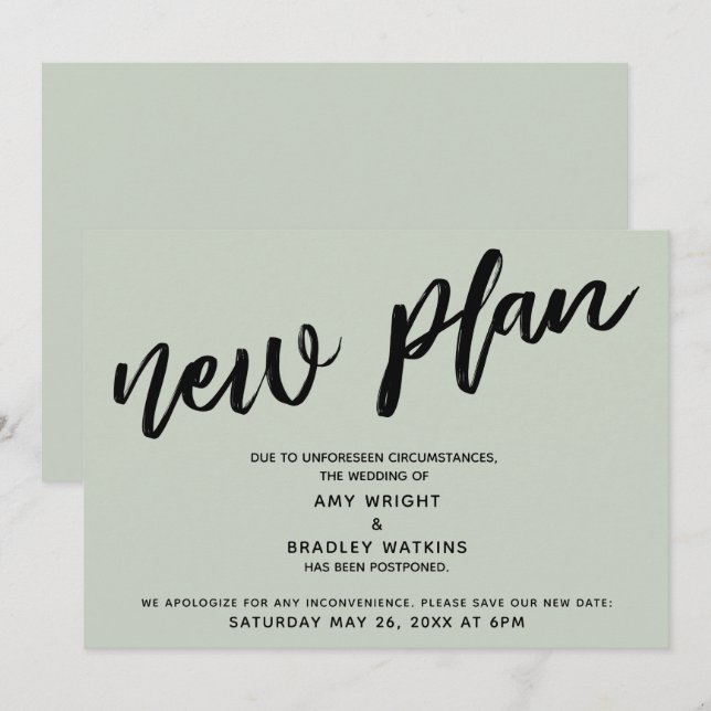 Anuncio de boda pospuesta Tarjeta de nuevo plan (Anverso / Reverso)