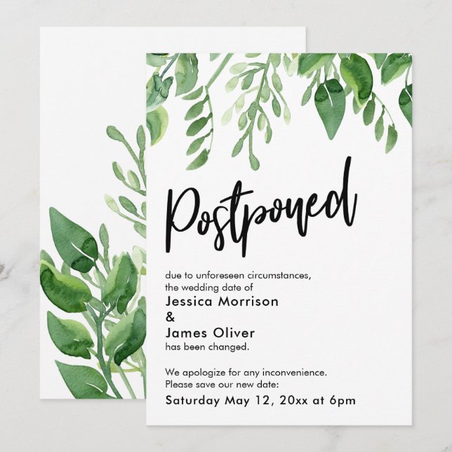 Anuncio de Boda Pospuesto de Painted Greenery (Anverso / Reverso)