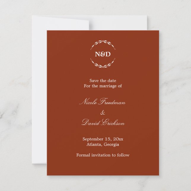 Anuncio de boda rojo monograma de corona simple (Anverso)