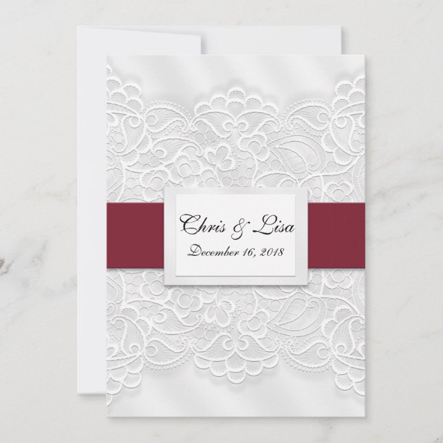 Anuncio de Boda Rojo Profundo con Encaje 5x7 (Anverso)