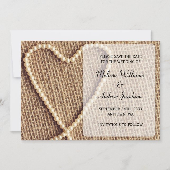 Anuncio de Burlap Pearl Heart para guardar la fech (Anverso)