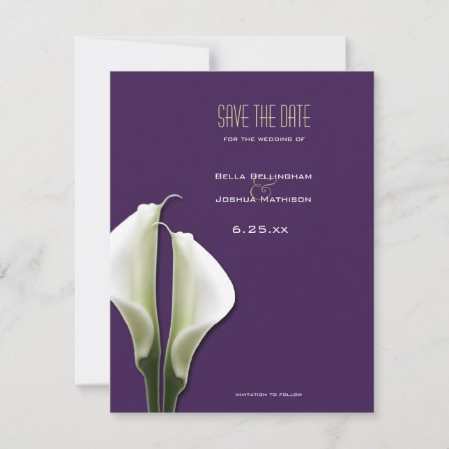 Anuncio de Calla Lily Save the Date sobre fondo pú (Anverso)