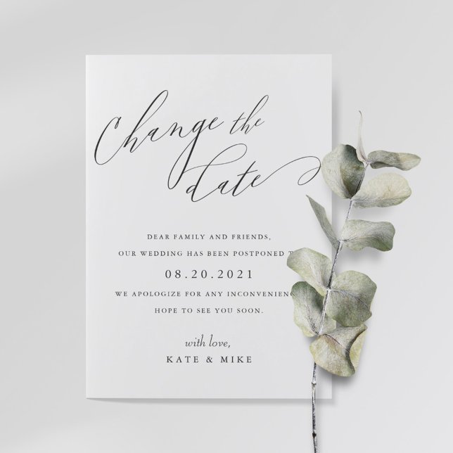 Anuncio de cambio de fecha de boda con caligrafía (Subido por el creador)