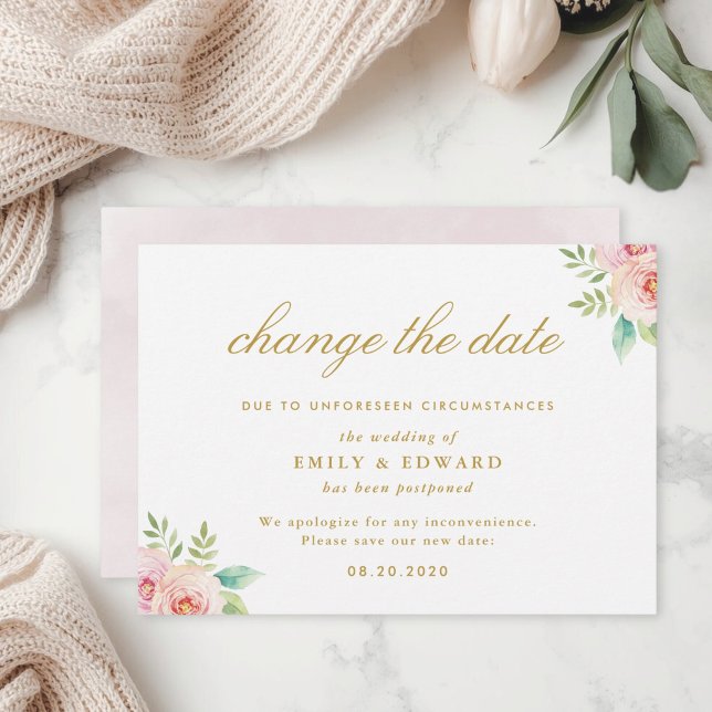 Anuncio de cambio de fecha de boda floral rosa (Subido por el creador)