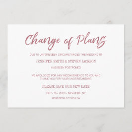 Anuncio de cambio de planes con letra rosa dorada