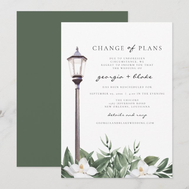 Anuncio de cambio de planes de boda con magnolias  (Anverso / Reverso)