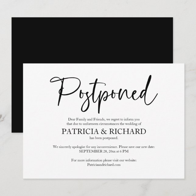 Anuncio de cambio de planes de boda pospuesta (Anverso / Reverso)