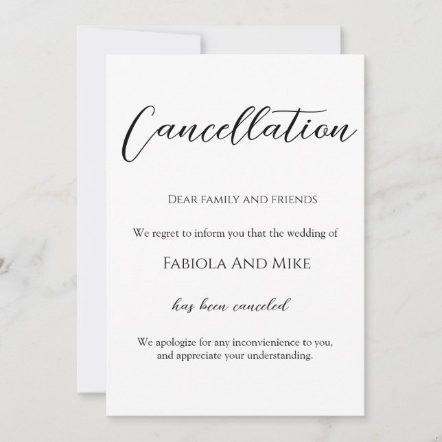 Anuncio de cancelación de boda con caligrafía mini (Anverso)
