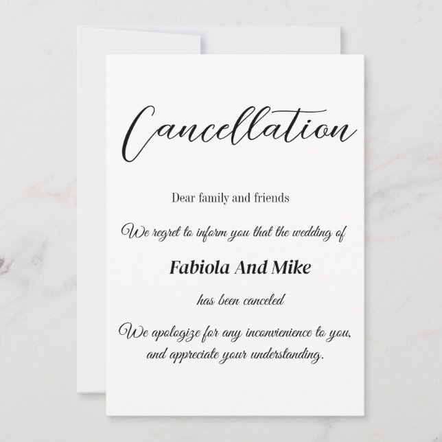Anuncio de cancelación de boda con caligrafía mini (Anverso)