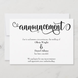 Anuncio de cancelación de boda con letra giratoria