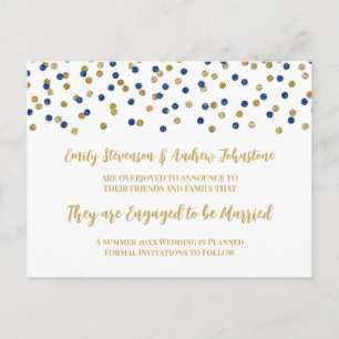 Anuncio de compromiso con confeti azul y dorado