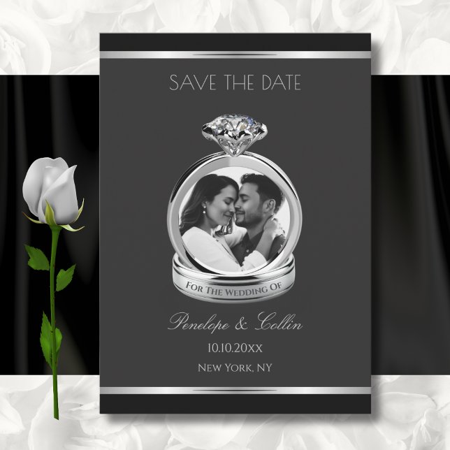 Anuncio de compromiso de anillo de plata y negro m (tic elegant black evening wedding save the date announcement with silver diamond ring.)