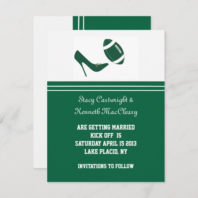 Anuncio de Compromiso de Boda de Fútbol Verde Salv (Anverso / Reverso)